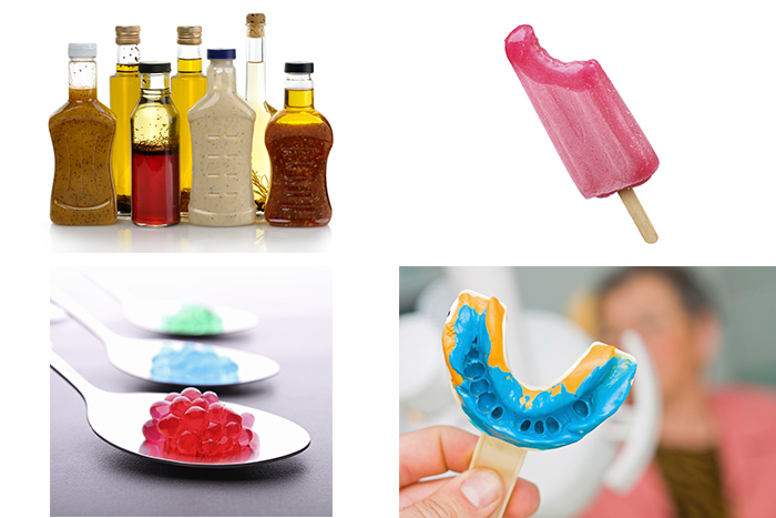 Image of salad dressing, popsicles, food spheres, and dental impressions. 