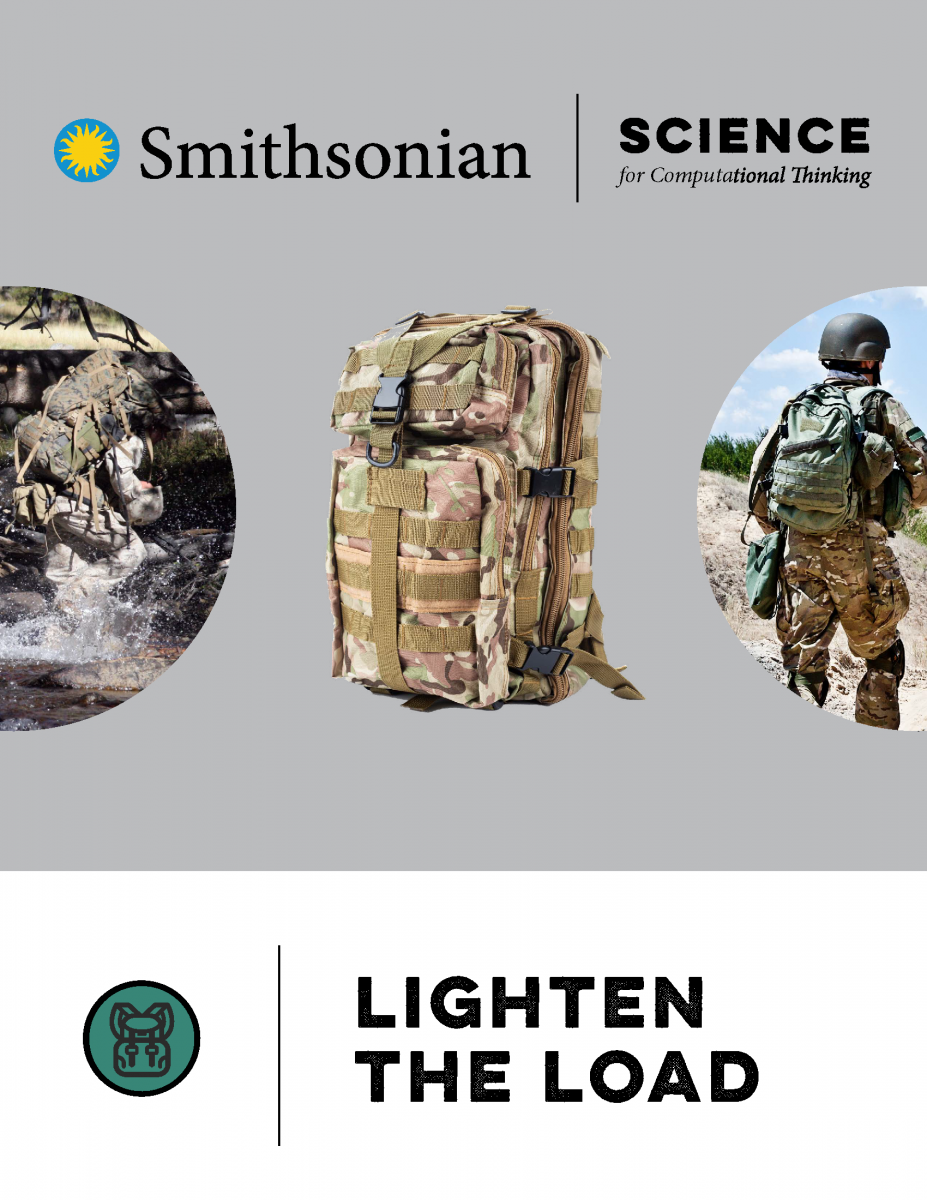 Cover of lighten the load reading with two images of soldiers and an image of a backpack