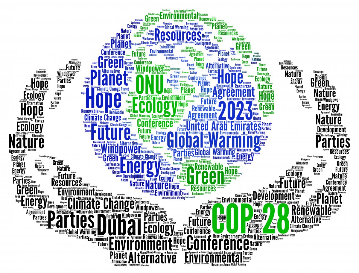 A word cloud in the shape of a pair of hands gently clasping the planet Earth – representing the Conference of the Parties 28 in Dubai, U.A.E.