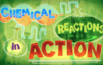 A screenshot of the title page for the video title Chemical Reaction Action. A number of beakers decorate the words.
