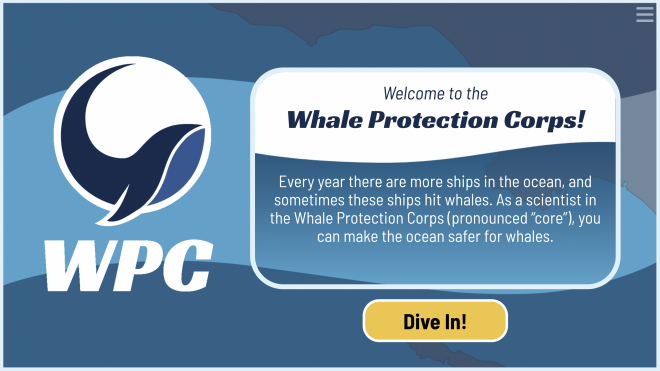A screenshot of the first part of the game that reads Welcome to the Whale Protection Corps and an introduction the premise of the game. To the left is a blue and white circle logo featuring a whale.