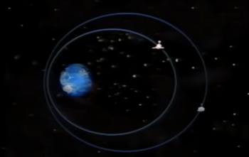 Illustrated Earth in space with two orbit circle around it
