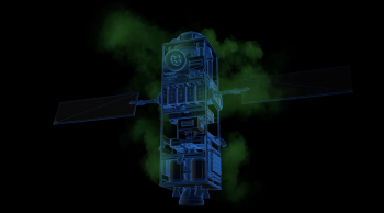 Artistic line art rendering of a satellite with green gas coming out of it.