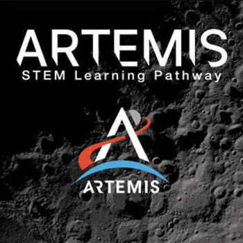 A close up version of the surface of the Moon with white text that says Artemis STEM learning pathway and the Artemis logo of a white A with a red swoosh through it  a blue quarter circle underneath it and white text that says Artemis.
