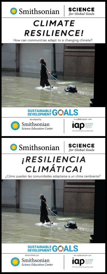 Cover of the Climate Resilience guide in English and Spanish with an image a a person pulling belonging on a tire through knee deep water