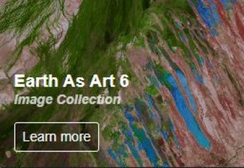 Satellite image of water and land on earth with text that says Earth as art 