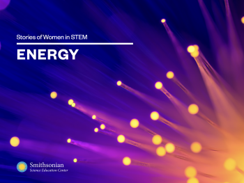 A dark blue background with orange and purple fiber optics wires and white text that says Women in STEM: Energy