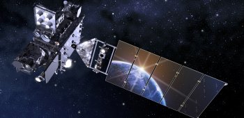 A satellite in space with the Earth reflecting in its solar panel