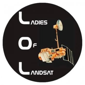 Logo that says Ladies of Landsat with a rendering of a landsat satelight