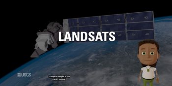 Satellite above earth with text that says landsats