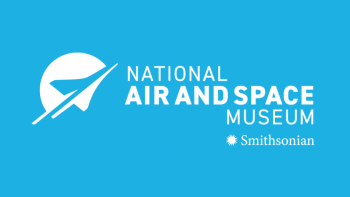 A light blue rectangle with a white jet on the left and white text that says national air and space museum Smithsonian on the right