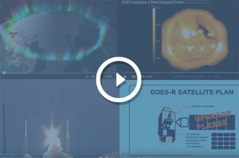 A screen shot of a video with a white play button. The screen shows aurora, the Sun, and a rocket launch.