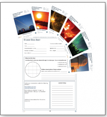 A white square with six cards spread out wtih images of a telescope, the sun, and arura as well as a student data sheet. 