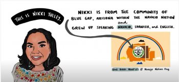 Illustration of a Navajo woman with short brown hair and embroidered blouse and the Navajo Nation flag.