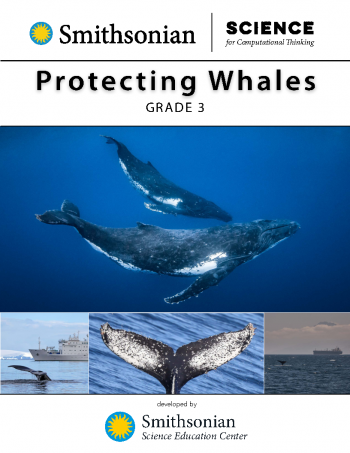 The Protecting Whales teacher guide cover with a collage of images showing a mother and baby humpback whale, a whale fluke in front of a military ship, a whale fluke, and a whale fluke in front of a cargo ship.