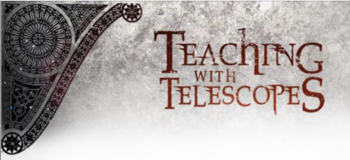Illustrated moon surface with text that says teaching with telescopes.