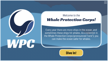 Whale logo with WPC below, a welcome message, a yellow button that says dive in