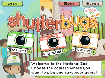 Title screen for the educational kindergarten game, Shutterbugs: Wiggle and Stomp