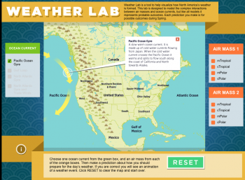 Main screen for the educational earth science app, Weather Lab