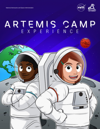 An Illustration of two people in spacesuits with Earth in the background and white text that says Artemis Camp.
