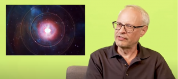 Lime green rectangle with a man on the right looking at an inset image of a neutron star which looks pink with rings of red surrounding it.