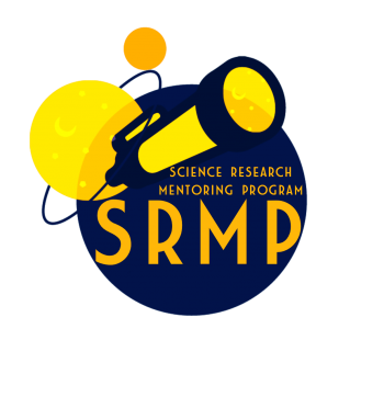 A dark blue circle with a yellow telescope and planet with orange text that says science research mentoring program