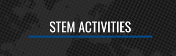 A black pixilated backgorund with outlines of the continents with white text that says STEM activities.