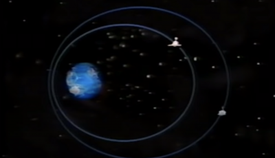 Illustrated Earth in space with two orbit circle around it