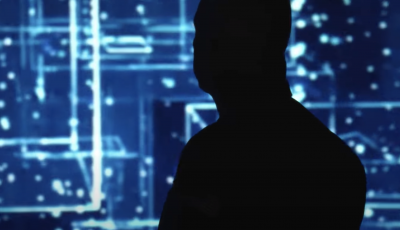 silhouette view of a man in front of blue computer network illustration