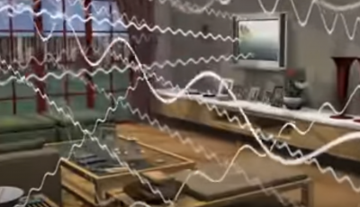 An illustrated image of a living room with a couch and a tv and white wave lines going across the image in all directions