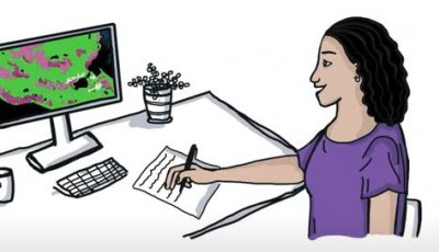 Illustration of a woman at a computer writing on paper