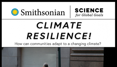 Cover of the Climate Resilience guide in English and Spanish with an image a a person pulling belonging on a tire through knee deep water