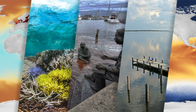 A collage of images from left to right: a world map, a coral reef, a metal sculpture of a teacher talking to a student, a dock on a lake, and a world map