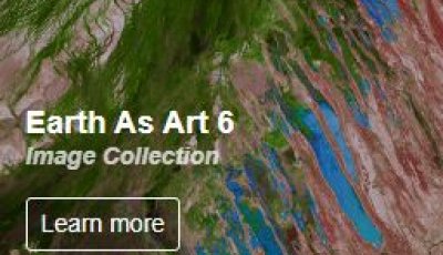 Satellite image of water and land on earth with text that says Earth as art 