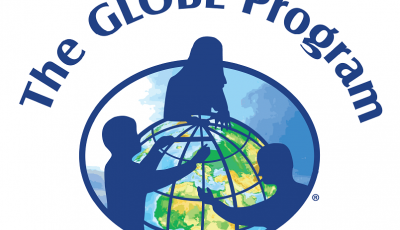 Globe program logo with illustration of three children's silhouette's around a illustrated earth and text that says The Globe Program.
