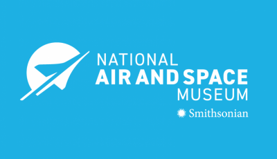 A light blue rectangle with a white jet on the left and white text that says national air and space museum Smithsonian on the right