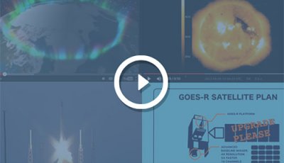 A screen shot of a video with a white play button. The screen shows aurora, the Sun, and a rocket launch.