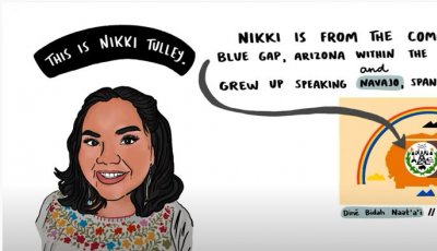 Illustration of a Navajo woman with short brown hair and embroidered blouse and the Navajo Nation flag.