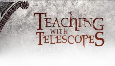 Illustrated moon surface with text that says teaching with telescopes.