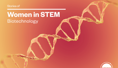 A microscopic image of DNA helix with text that says Women in STEM: Biotechnology Smithsonian Science Education Center