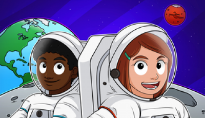 An Illustration of two people in spacesuits with Earth in the background and white text that says Artemis Camp.