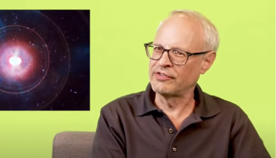 Lime green rectangle with a man on the right looking at an inset image of a neutron star which looks pink with rings of red surrounding it.