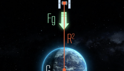 Illustration of the Earth and a satellite with an arrow showing gravity pulling toward the Earth.