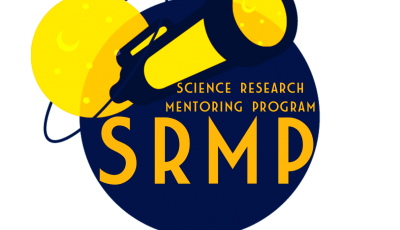 A dark blue circle with a yellow telescope and planet with orange text that says science research mentoring program