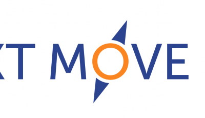 Blue text that says my next move with the o of move being shaped like a compass with two orange arrows