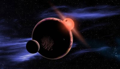 Artist rendering of a red dwarf planet with one moon in front of it and one behind