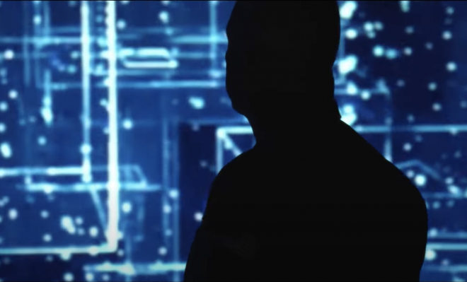 silhouette view of a man in front of blue computer network illustration