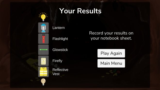 Light Up the Cave results screen