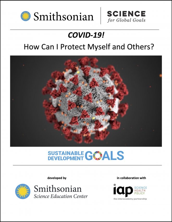 Image of cover of "COVID-19! How Can I Protect Myself and Others?" The main image is an illustration of the coronavirus. 