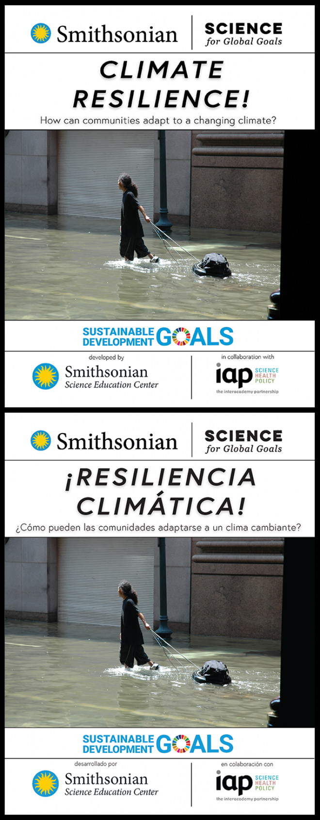 Cover of the Climate Resilience guide in English and Spanish with an image a a person pulling belonging on a tire through knee deep water